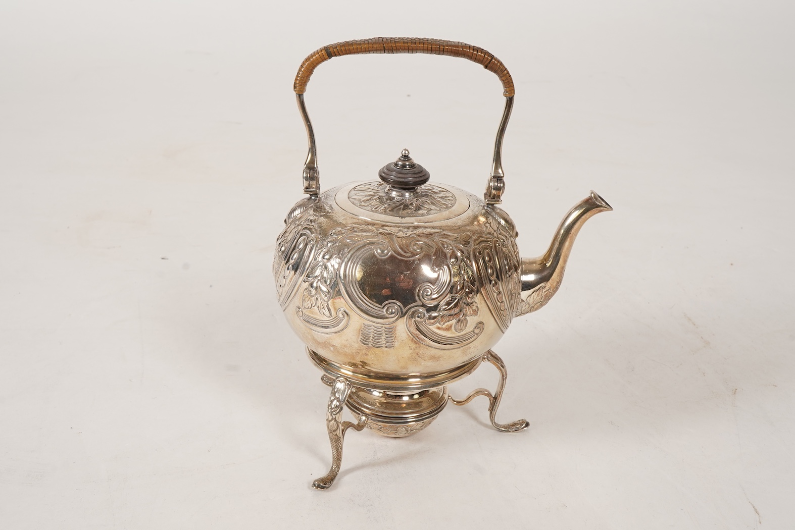 A George I silver tea kettle on stand, with burner by Gabriel Sleath, stand unmarked